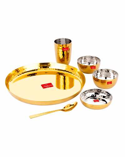 Maahavira Gold Round Gold PVD Luxury Solid Dinnerware Set, Food Grade, Used for Home &amp; Restaurant with 1 Thali, 2 Bowls, 1 Sweet Dish, 1 Glass &amp; 1 Spoon - Set of 6-DNR-PVD-6p
