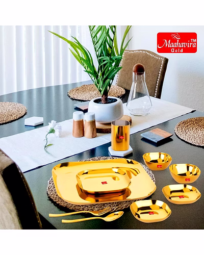 Maahavira Gold Square Stainless Steel Gold Coating Luxury Dinnerware Set with 1 Full Plate, 1 Quarter Plate, 2 Sweet Dish, 2 Bowls, 1 Glass, 1 Spoon &amp; 1 Fork - Set of 9-1