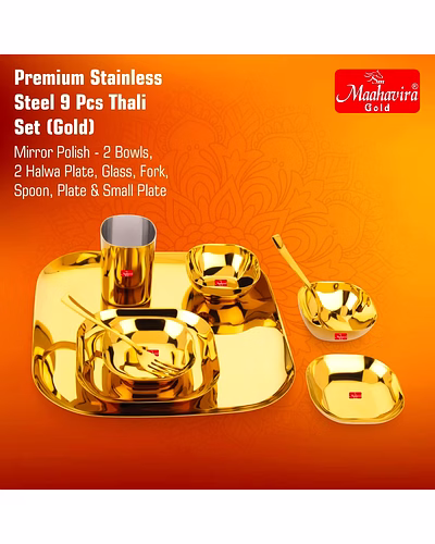 Maahavira Gold Square Stainless Steel Gold Coating Luxury Dinnerware Set with 1 Full Plate, 1 Quarter Plate, 2 Sweet Dish, 2 Bowls, 1 Glass, 1 Spoon &amp; 1 Fork - Set of 9-2
