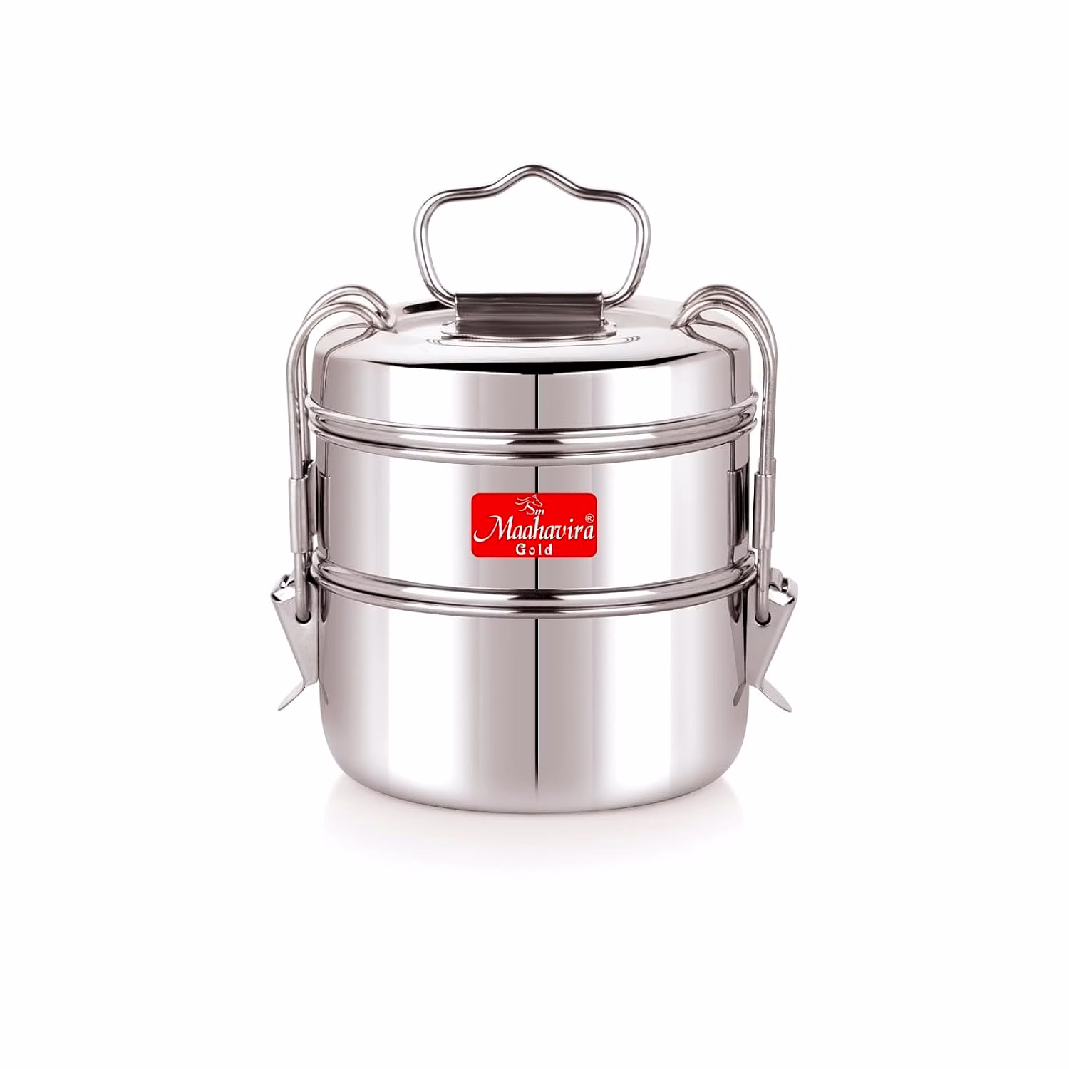 maahavira gold iconic stainless steel coil clip pressing 2 compartment tiffin box/lunch box, compact & durable, perfect for office, school, picnic and travel - silver