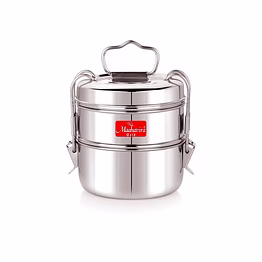 maahavira gold iconic stainless steel coil clip pressing 2 compartment tiffin box/lunch box, compact & durable, perfect for office, school, picnic and travel - silver