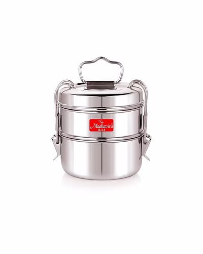 Maahavira Gold Iconic Stainless Steel Coil Clip Pressing 2 Compartment Tiffin Box/Lunch Box, Compact &amp; Durable, Perfect for Office, School, Picnic and Travel - Silver-SJMT-icon-Sld-Tiffin-2cmp