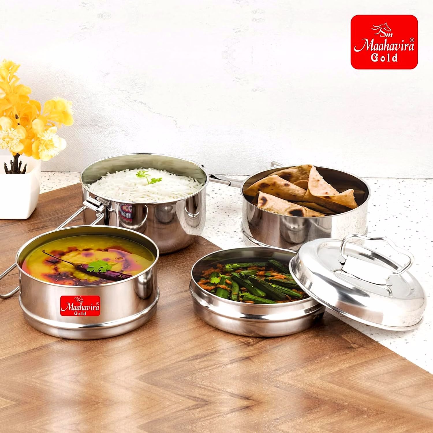 Maahavira Gold Iconic Stainless Steel Coil Clip Pressing 2 Compartment Tiffin Box/Lunch Box, Compact & Durable, Perfect for Office, School, Picnic and Travel - Silver image 2