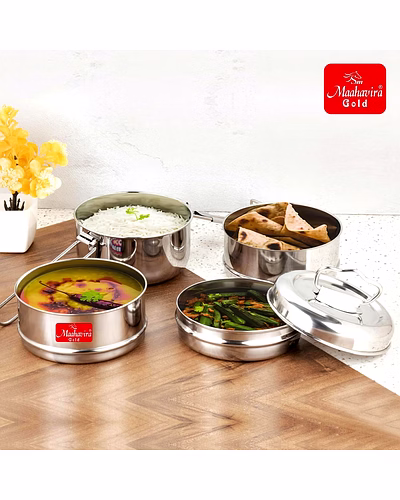 Maahavira Gold Iconic Stainless Steel Coil Clip Pressing 2 Compartment Tiffin Box/Lunch Box, Compact &amp; Durable, Perfect for Office, School, Picnic and Travel - Silver-1