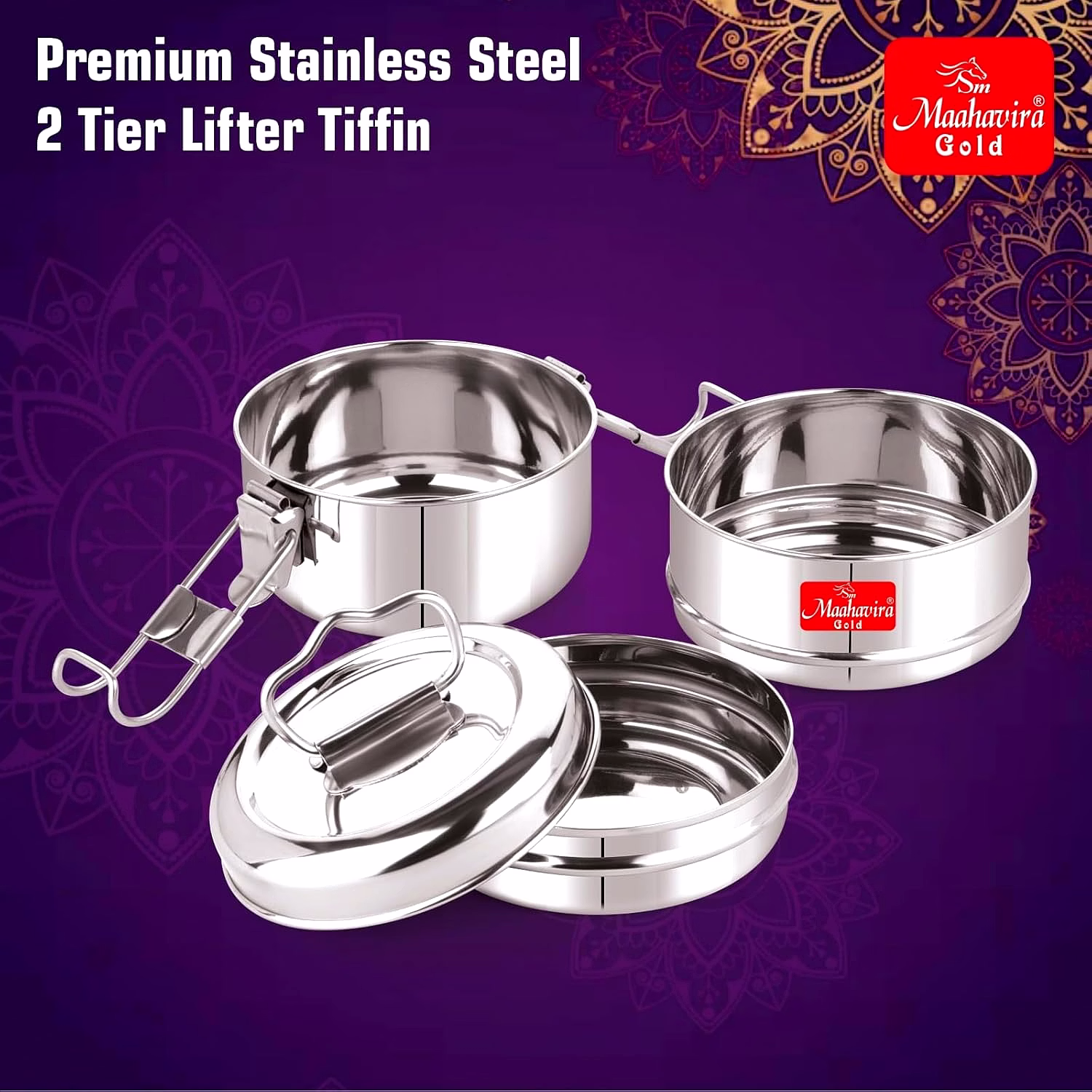 Maahavira Gold Iconic Stainless Steel Coil Clip Pressing 2 Compartment Tiffin Box/Lunch Box, Compact & Durable, Perfect for Office, School, Picnic and Travel - Silver image 3