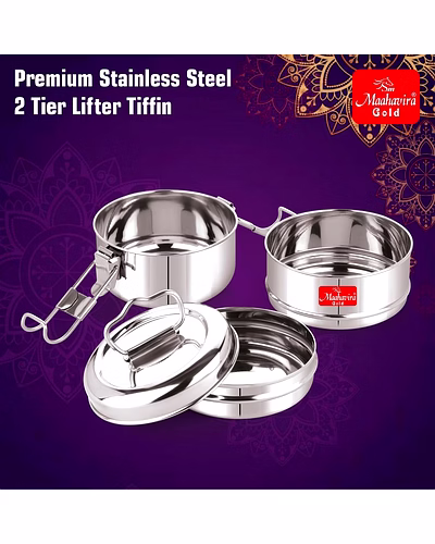 Maahavira Gold Iconic Stainless Steel Coil Clip Pressing 2 Compartment Tiffin Box/Lunch Box, Compact &amp; Durable, Perfect for Office, School, Picnic and Travel - Silver-2