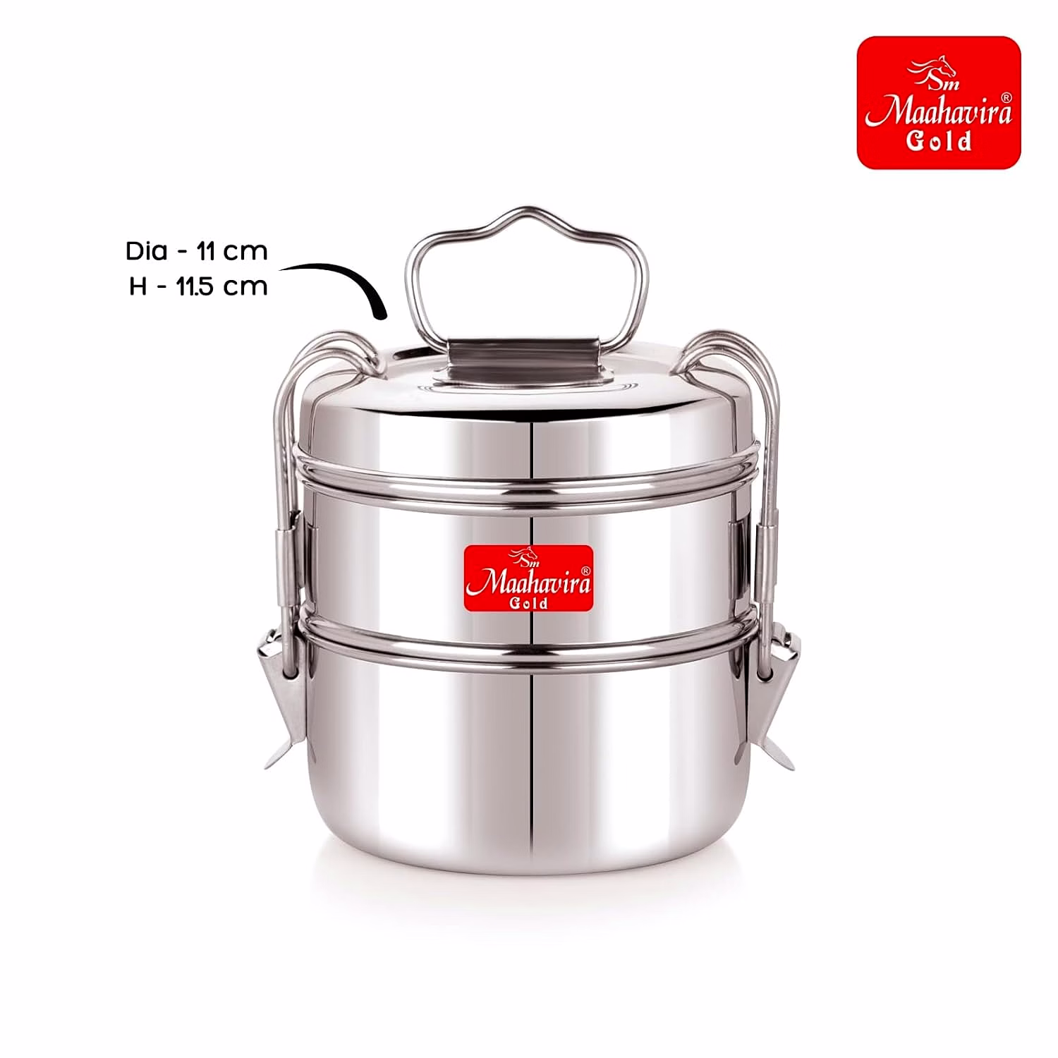 Maahavira Gold Iconic Stainless Steel Coil Clip Pressing 2 Compartment Tiffin Box/Lunch Box, Compact & Durable, Perfect for Office, School, Picnic and Travel - Silver image 4