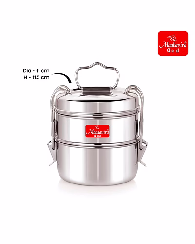 Maahavira Gold Iconic Stainless Steel Coil Clip Pressing 2 Compartment Tiffin Box/Lunch Box, Compact &amp; Durable, Perfect for Office, School, Picnic and Travel - Silver-3