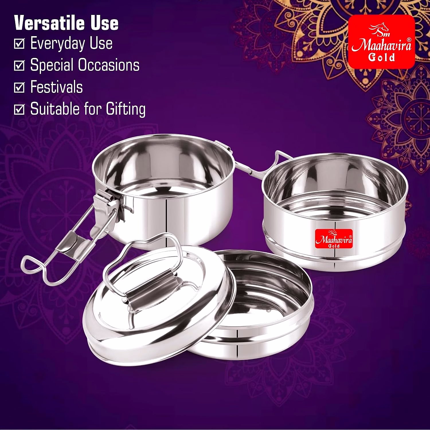 Maahavira Gold Iconic Stainless Steel Coil Clip Pressing 2 Compartment Tiffin Box/Lunch Box, Compact & Durable, Perfect for Office, School, Picnic and Travel - Silver image 5