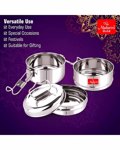 Maahavira Gold Iconic Stainless Steel Coil Clip Pressing 2 Compartment Tiffin Box/Lunch Box, Compact &amp; Durable, Perfect for Office, School, Picnic and Travel - Silver-4