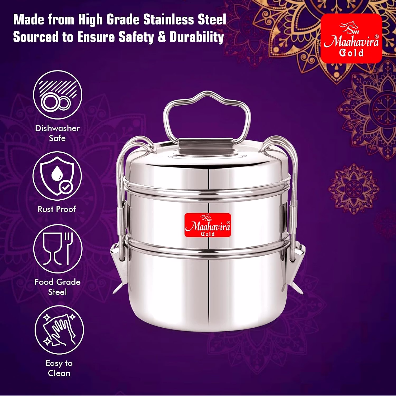 Maahavira Gold Iconic Stainless Steel Coil Clip Pressing 2 Compartment Tiffin Box/Lunch Box, Compact & Durable, Perfect for Office, School, Picnic and Travel - Silver image 6
