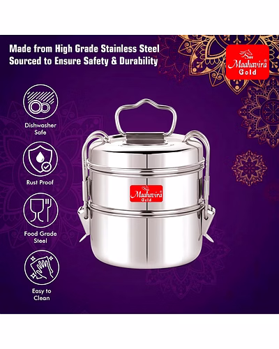Maahavira Gold Iconic Stainless Steel Coil Clip Pressing 2 Compartment Tiffin Box/Lunch Box, Compact &amp; Durable, Perfect for Office, School, Picnic and Travel - Silver-5