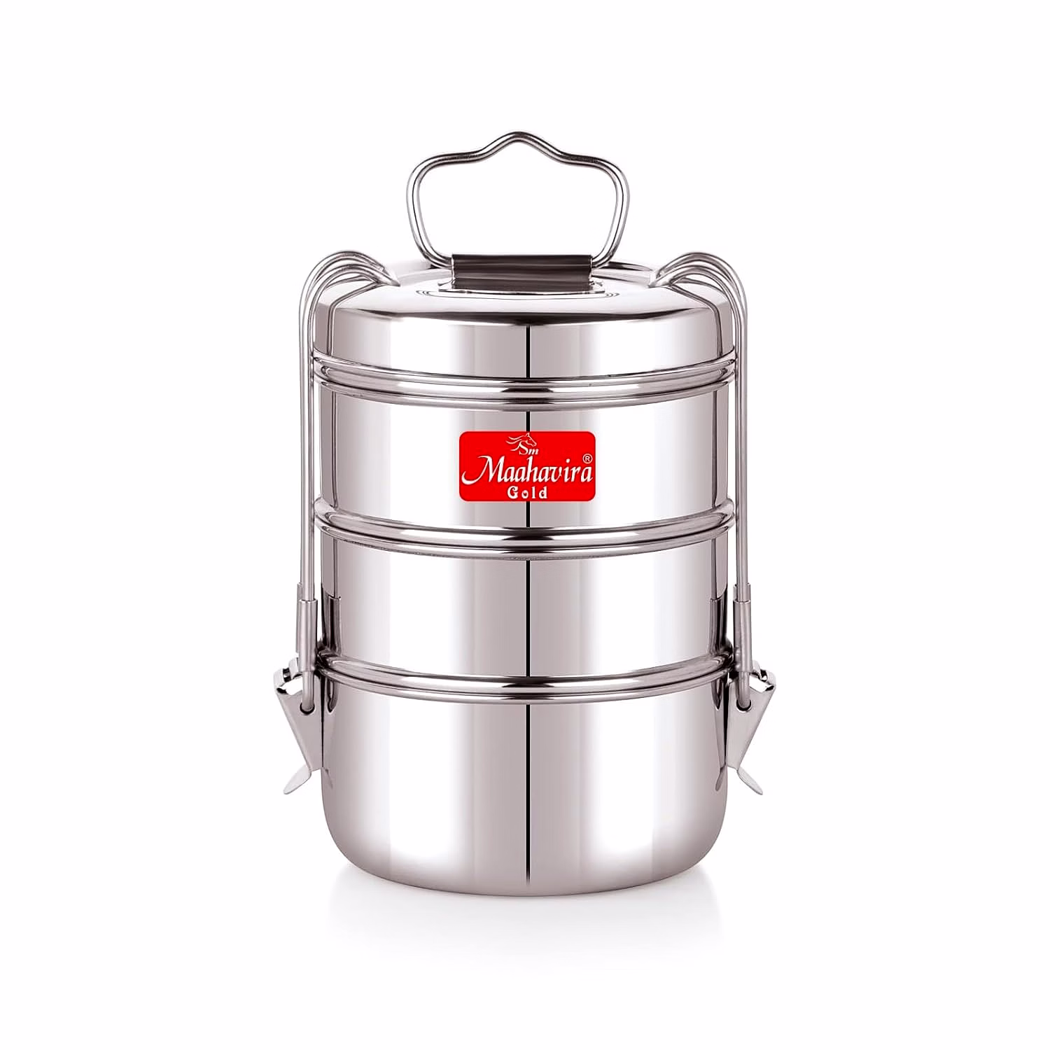 maahavira gold iconic stainless steel coil clip pressing 3 compartment tiffin box/lunch box, compact & durable, perfect for office, school, picnic and travel - silver