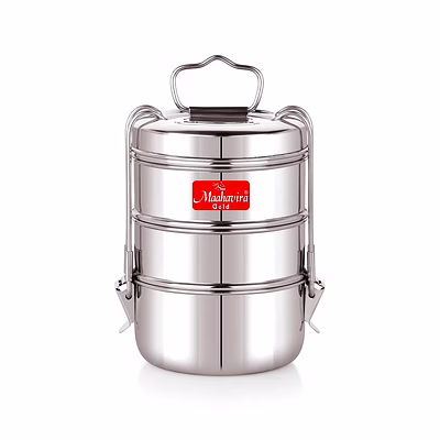 maahavira gold iconic stainless steel coil clip pressing 3 compartment tiffin box/lunch box, compact & durable, perfect for office, school, picnic and travel - silver