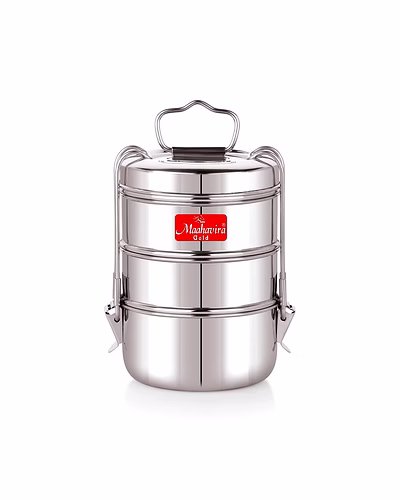 Maahavira Gold Iconic Stainless Steel Coil Clip Pressing 3 Compartment Tiffin Box/Lunch Box, Compact &amp; Durable, Perfect for Office, School, Picnic and Travel - Silver-SJMT-icon-Sld-Tiffin-3cmp