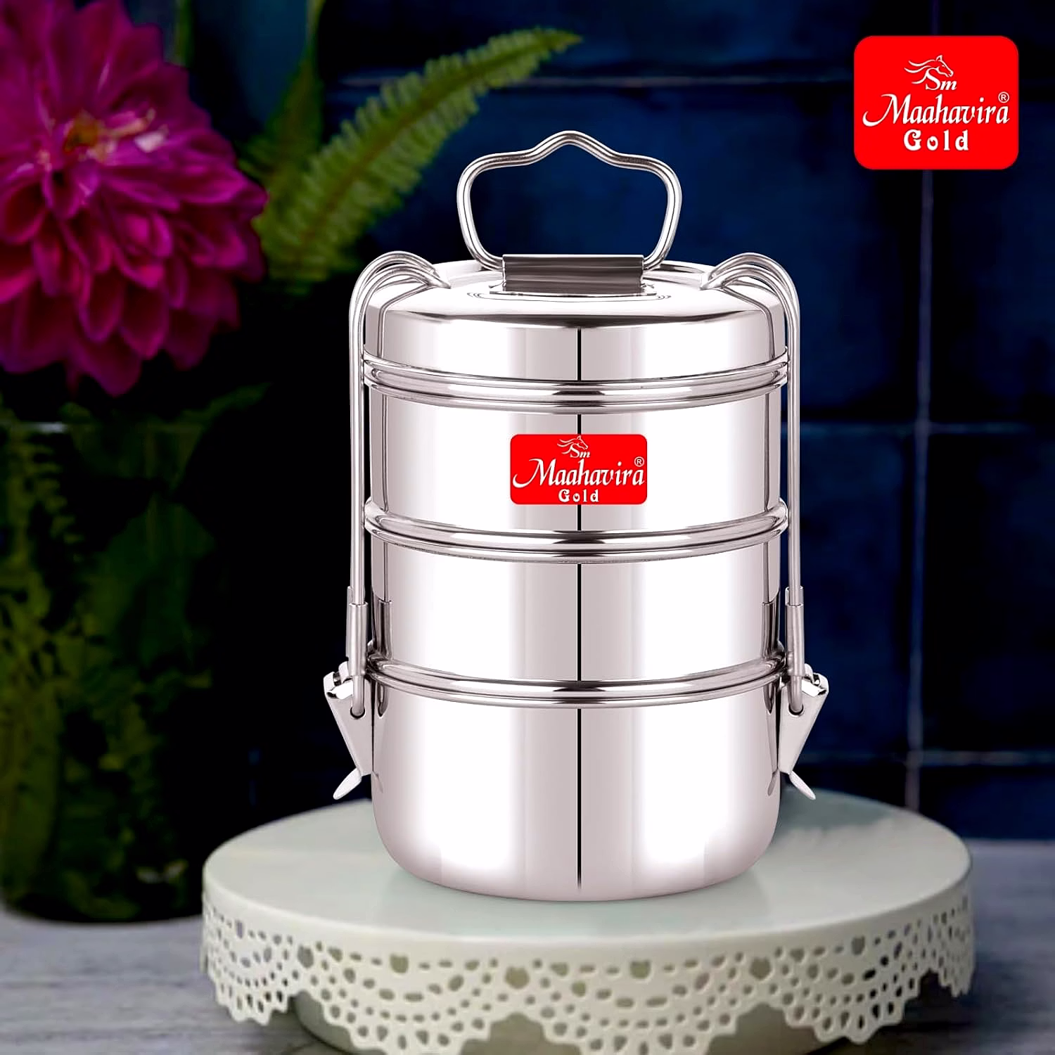 Maahavira Gold Iconic Stainless Steel Coil Clip Pressing 3 Compartment Tiffin Box/Lunch Box, Compact & Durable, Perfect for Office, School, Picnic and Travel - Silver image 2