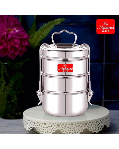 Maahavira Gold Iconic Stainless Steel Coil Clip Pressing 3 Compartment Tiffin Box/Lunch Box, Compact &amp; Durable, Perfect for Office, School, Picnic and Travel - Silver-1