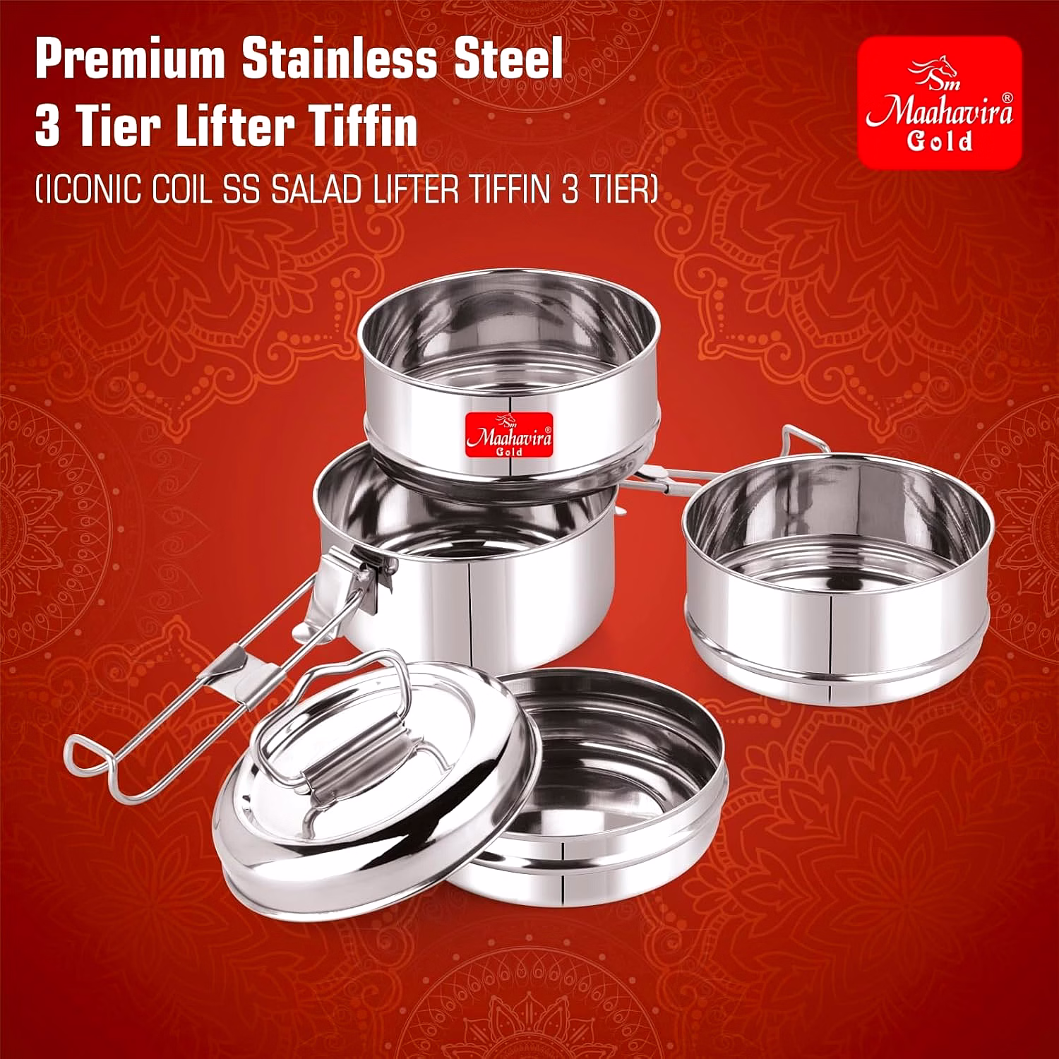 Maahavira Gold Iconic Stainless Steel Coil Clip Pressing 3 Compartment Tiffin Box/Lunch Box, Compact & Durable, Perfect for Office, School, Picnic and Travel - Silver image 3