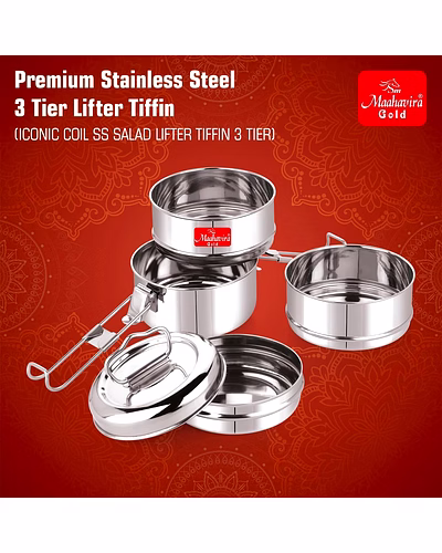 Maahavira Gold Iconic Stainless Steel Coil Clip Pressing 3 Compartment Tiffin Box/Lunch Box, Compact &amp; Durable, Perfect for Office, School, Picnic and Travel - Silver-2