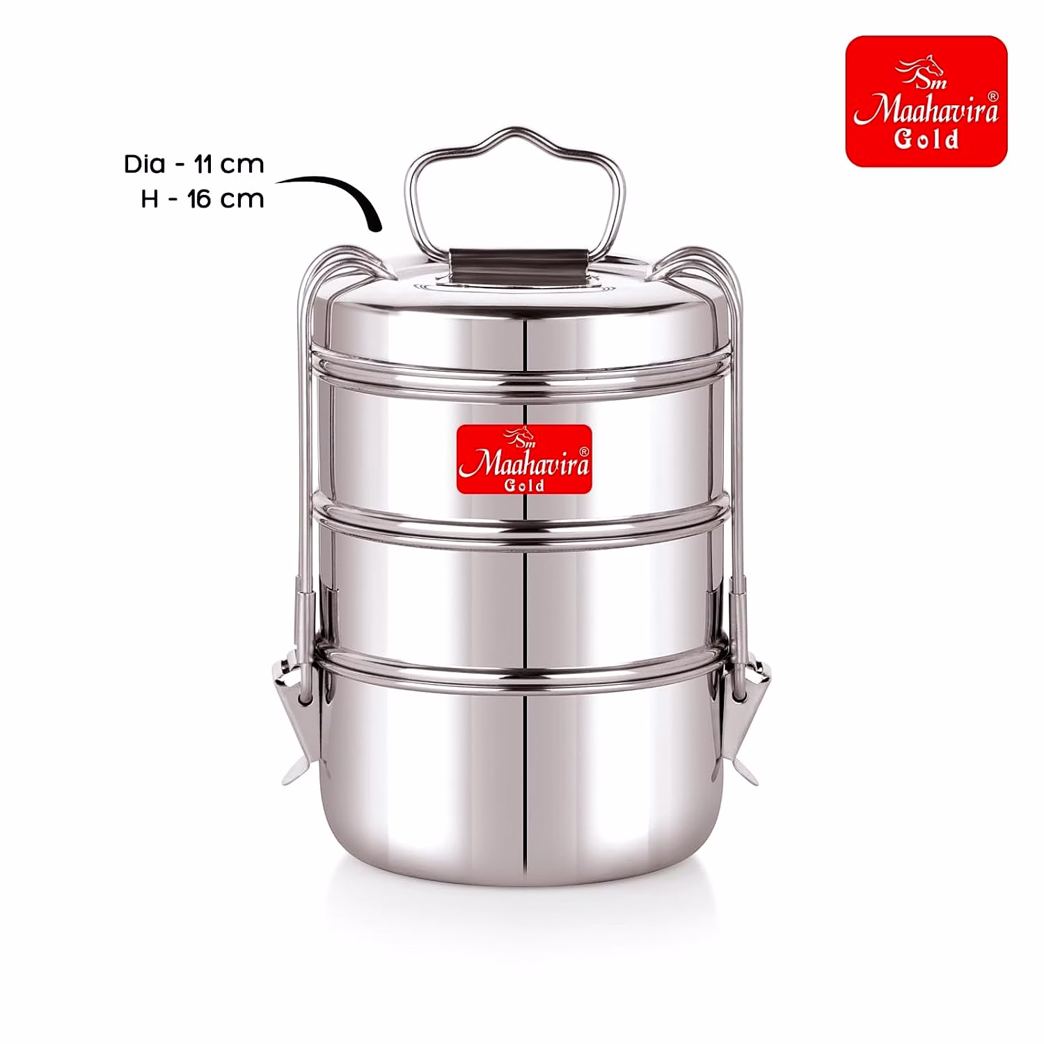 Maahavira Gold Iconic Stainless Steel Coil Clip Pressing 3 Compartment Tiffin Box/Lunch Box, Compact & Durable, Perfect for Office, School, Picnic and Travel - Silver image 4