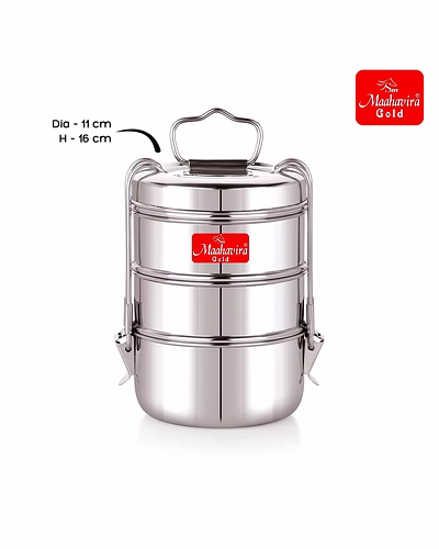 Maahavira Gold Iconic Stainless Steel Coil Clip Pressing 3 Compartment Tiffin Box/Lunch Box, Compact &amp; Durable, Perfect for Office, School, Picnic and Travel - Silver-3