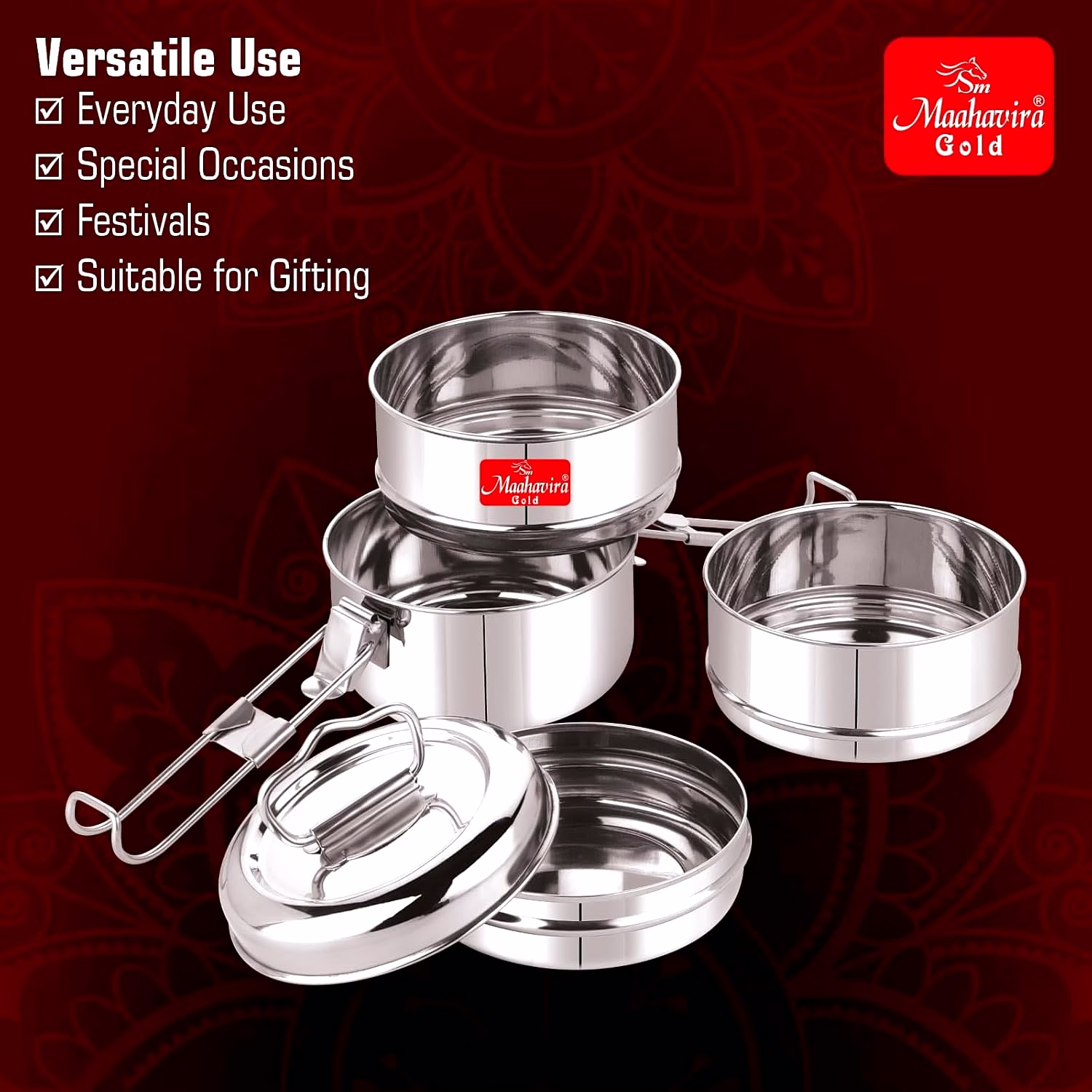 Maahavira Gold Iconic Stainless Steel Coil Clip Pressing 3 Compartment Tiffin Box/Lunch Box, Compact & Durable, Perfect for Office, School, Picnic and Travel - Silver image 5