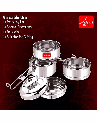Maahavira Gold Iconic Stainless Steel Coil Clip Pressing 3 Compartment Tiffin Box/Lunch Box, Compact &amp; Durable, Perfect for Office, School, Picnic and Travel - Silver-4