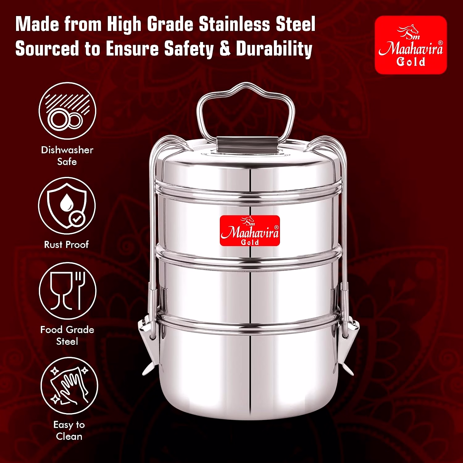 Maahavira Gold Iconic Stainless Steel Coil Clip Pressing 3 Compartment Tiffin Box/Lunch Box, Compact & Durable, Perfect for Office, School, Picnic and Travel - Silver image 6