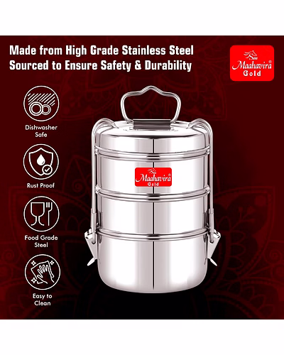 Maahavira Gold Iconic Stainless Steel Coil Clip Pressing 3 Compartment Tiffin Box/Lunch Box, Compact &amp; Durable, Perfect for Office, School, Picnic and Travel - Silver-5