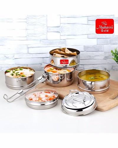 Maahavira Gold Iconic Stainless Steel Coil Clip Pressing 3 Compartment Tiffin Box/Lunch Box, Compact &amp; Durable, Perfect for Office, School, Picnic and Travel - Silver-6