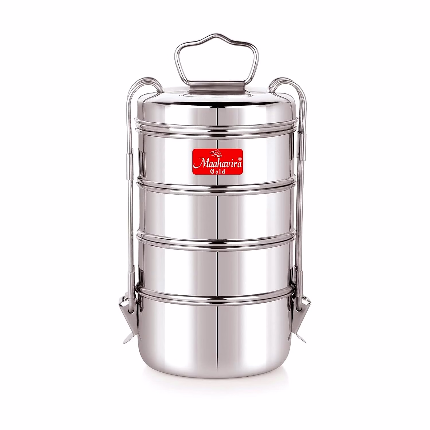 maahavira gold iconic stainless steel coil clip pressing 4 compartment tiffin box/lunch box, compact & durable, perfect for office, school, picnic and travel - silver