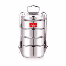 maahavira gold iconic stainless steel coil clip pressing 4 compartment tiffin box/lunch box, compact & durable, perfect for office, school, picnic and travel - silver
