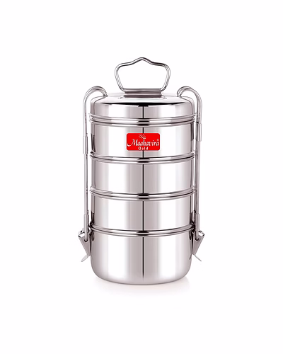 Maahavira Gold Iconic Stainless Steel Coil Clip Pressing 4 Compartment Tiffin Box/Lunch Box, Compact &amp; Durable, Perfect for Office, School, Picnic and Travel - Silver-SJMT-icon-Sld-Tiffin-4cmp