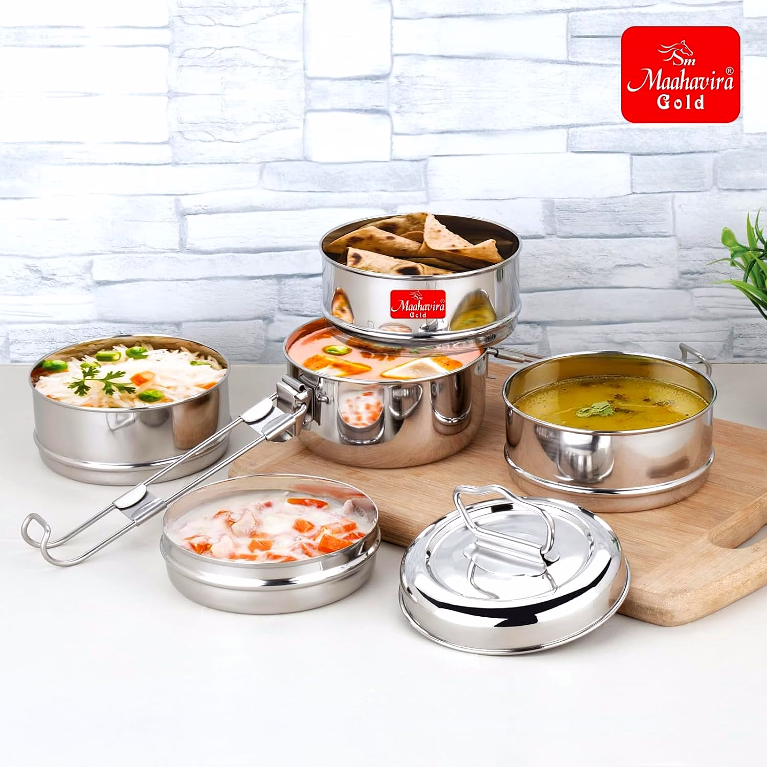 Maahavira Gold Iconic Stainless Steel Coil Clip Pressing 4 Compartment Tiffin Box/Lunch Box, Compact & Durable, Perfect for Office, School, Picnic and Travel - Silver image 2