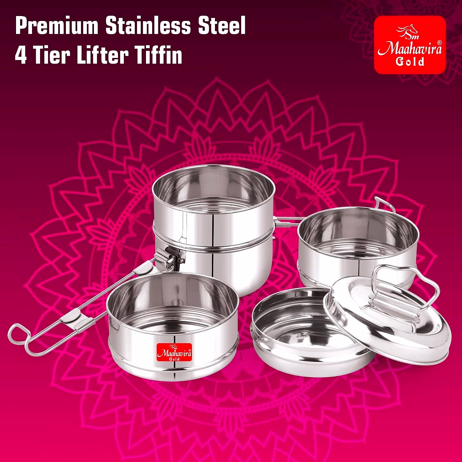Maahavira Gold Iconic Stainless Steel Coil Clip Pressing 4 Compartment Tiffin Box/Lunch Box, Compact & Durable, Perfect for Office, School, Picnic and Travel - Silver image 3