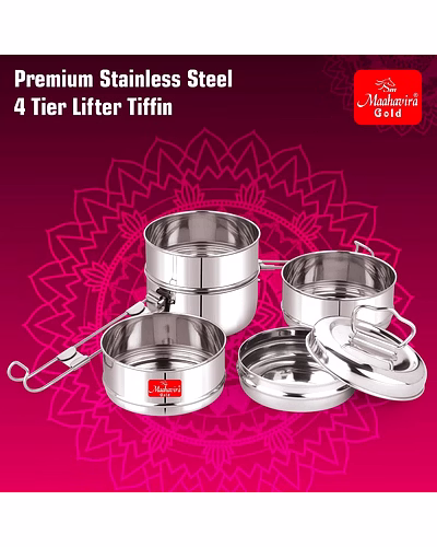 Maahavira Gold Iconic Stainless Steel Coil Clip Pressing 4 Compartment Tiffin Box/Lunch Box, Compact &amp; Durable, Perfect for Office, School, Picnic and Travel - Silver-2