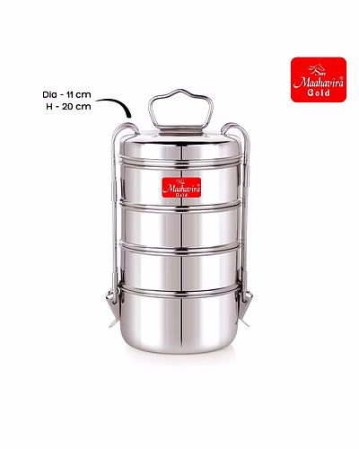 Maahavira Gold Iconic Stainless Steel Coil Clip Pressing 4 Compartment Tiffin Box/Lunch Box, Compact &amp; Durable, Perfect for Office, School, Picnic and Travel - Silver-3