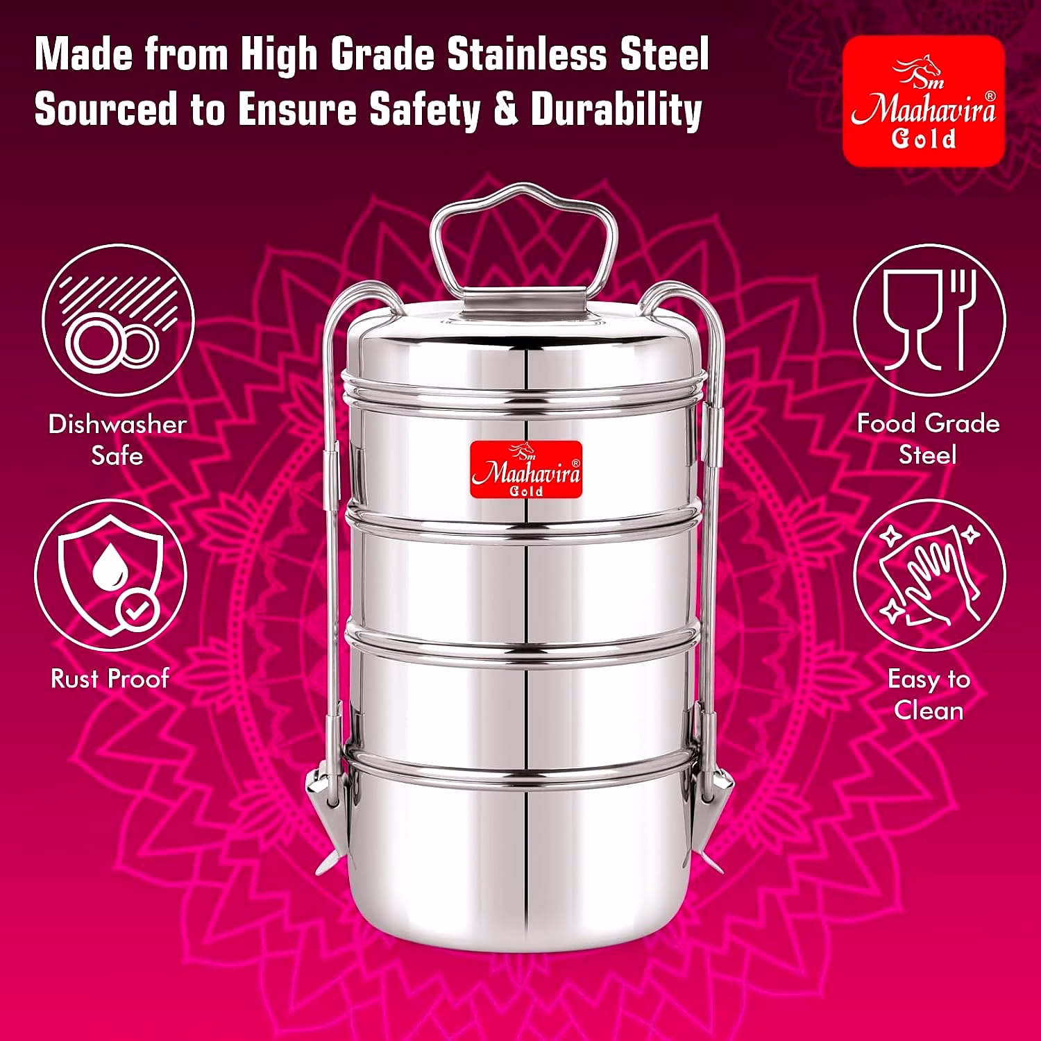 Maahavira Gold Iconic Stainless Steel Coil Clip Pressing 4 Compartment Tiffin Box/Lunch Box, Compact & Durable, Perfect for Office, School, Picnic and Travel - Silver image 5