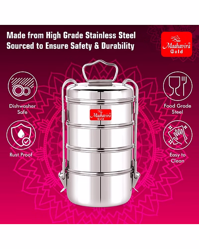 Maahavira Gold Iconic Stainless Steel Coil Clip Pressing 4 Compartment Tiffin Box/Lunch Box, Compact &amp; Durable, Perfect for Office, School, Picnic and Travel - Silver-4