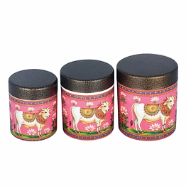 maahavira gold 3d sober divine holy cow designer canister set | decorative storage containers | 3 pieces airtight jars for kitchen & home décor