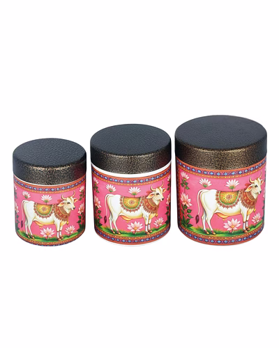 Maahavira Gold 3D Sober Divine Holy Cow Designer Canister Set | Decorative Storage Containers | 3 Pieces Airtight Jars for Kitchen &amp; Home Décor-MG-3D-HC-3PCS