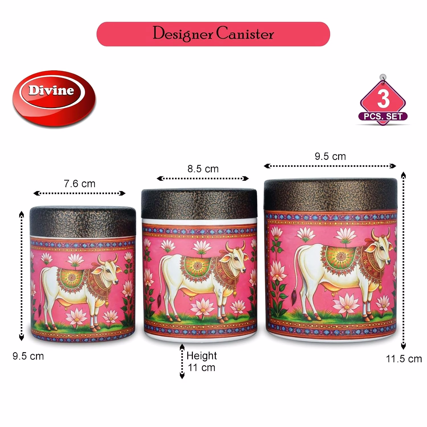Maahavira Gold 3D Sober Divine Holy Cow Designer Canister Set | Decorative Storage Containers | 3 Pieces Airtight Jars for Kitchen & Home Décor image 2