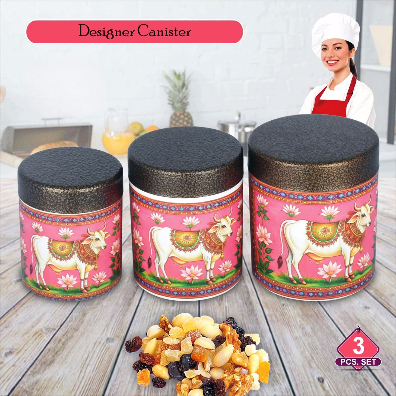 Maahavira Gold 3D Sober Divine Holy Cow Designer Canister Set | Decorative Storage Containers | 3 Pieces Airtight Jars for Kitchen & Home Décor image 4