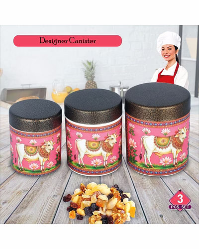 Maahavira Gold 3D Sober Divine Holy Cow Designer Canister Set | Decorative Storage Containers | 3 Pieces Airtight Jars for Kitchen &amp; Home Décor-3