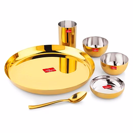 maahavira gold premium stainless amrapali steel dinner set, 6 pieces, gold pvd plated, 28 cm thali plate with bowls and spoon