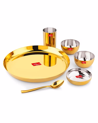 Maahavira Gold Premium Stainless Amrapali Steel Dinner Set, 6 Pieces, Gold PVD Plated, 28 cm Thali Plate with Bowls and Spoon-MG-SS-DINNER-6P-28