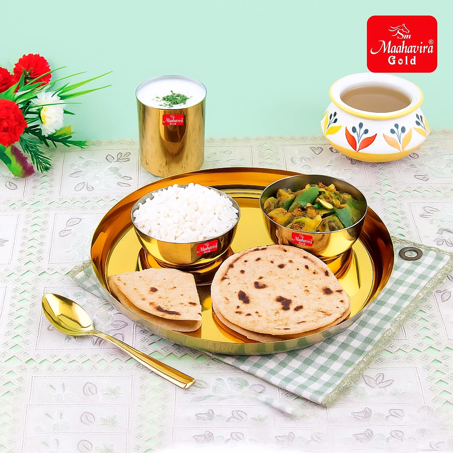 Maahavira Gold Premium Stainless Amrapali Steel Dinner Set, 6 Pieces, Gold PVD Plated, 28 cm Thali Plate with Bowls and Spoon image 2