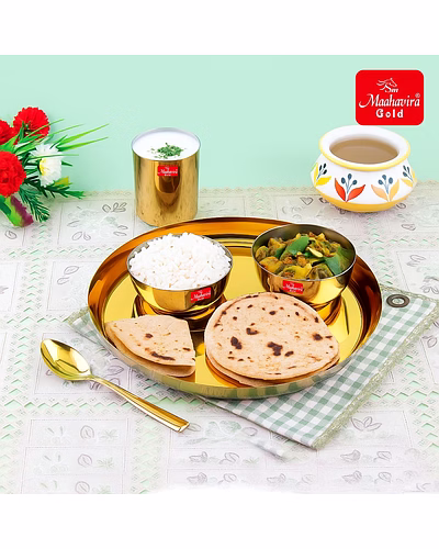 Maahavira Gold Premium Stainless Amrapali Steel Dinner Set, 6 Pieces, Gold PVD Plated, 28 cm Thali Plate with Bowls and Spoon-1