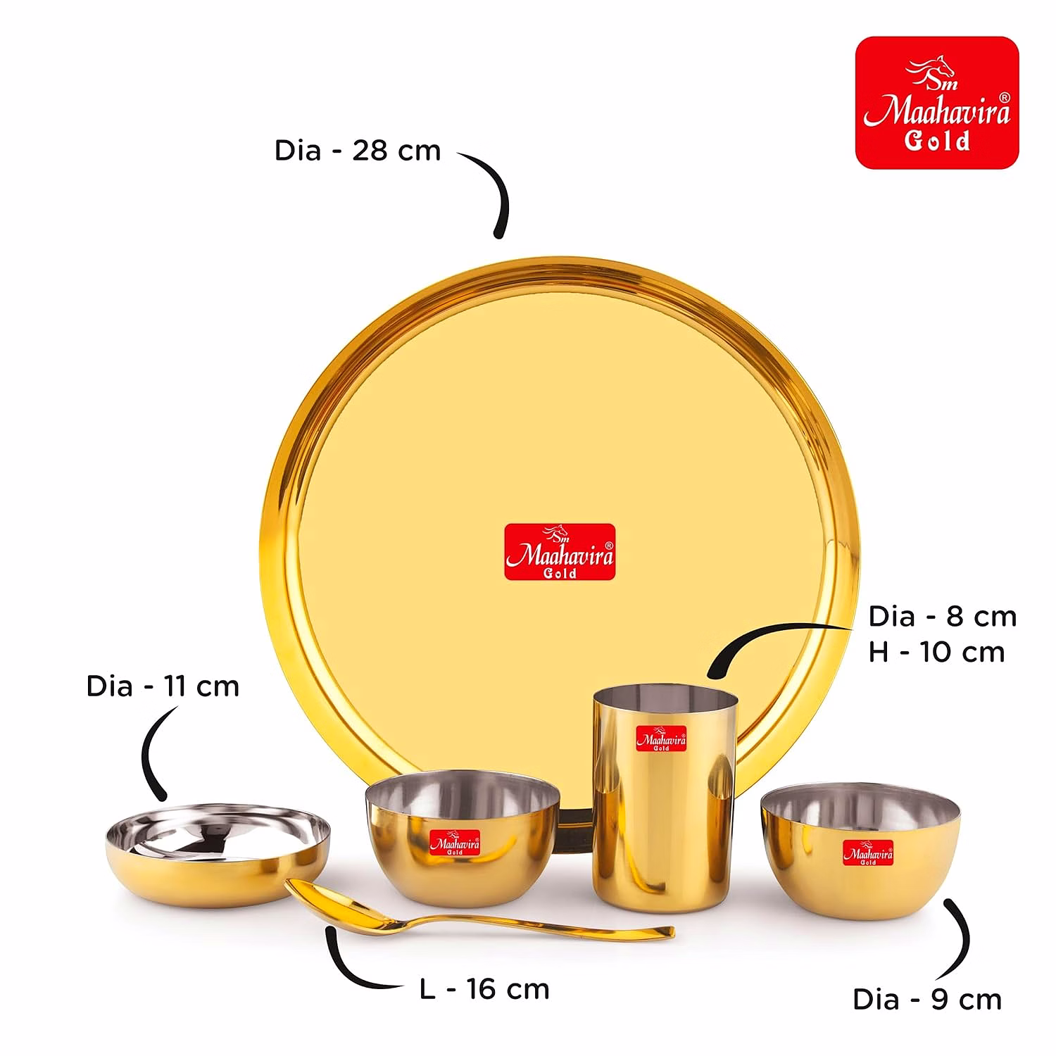 Maahavira Gold Premium Stainless Amrapali Steel Dinner Set, 6 Pieces, Gold PVD Plated, 28 cm Thali Plate with Bowls and Spoon image 3