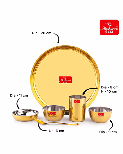 Maahavira Gold Premium Stainless Amrapali Steel Dinner Set, 6 Pieces, Gold PVD Plated, 28 cm Thali Plate with Bowls and Spoon-2